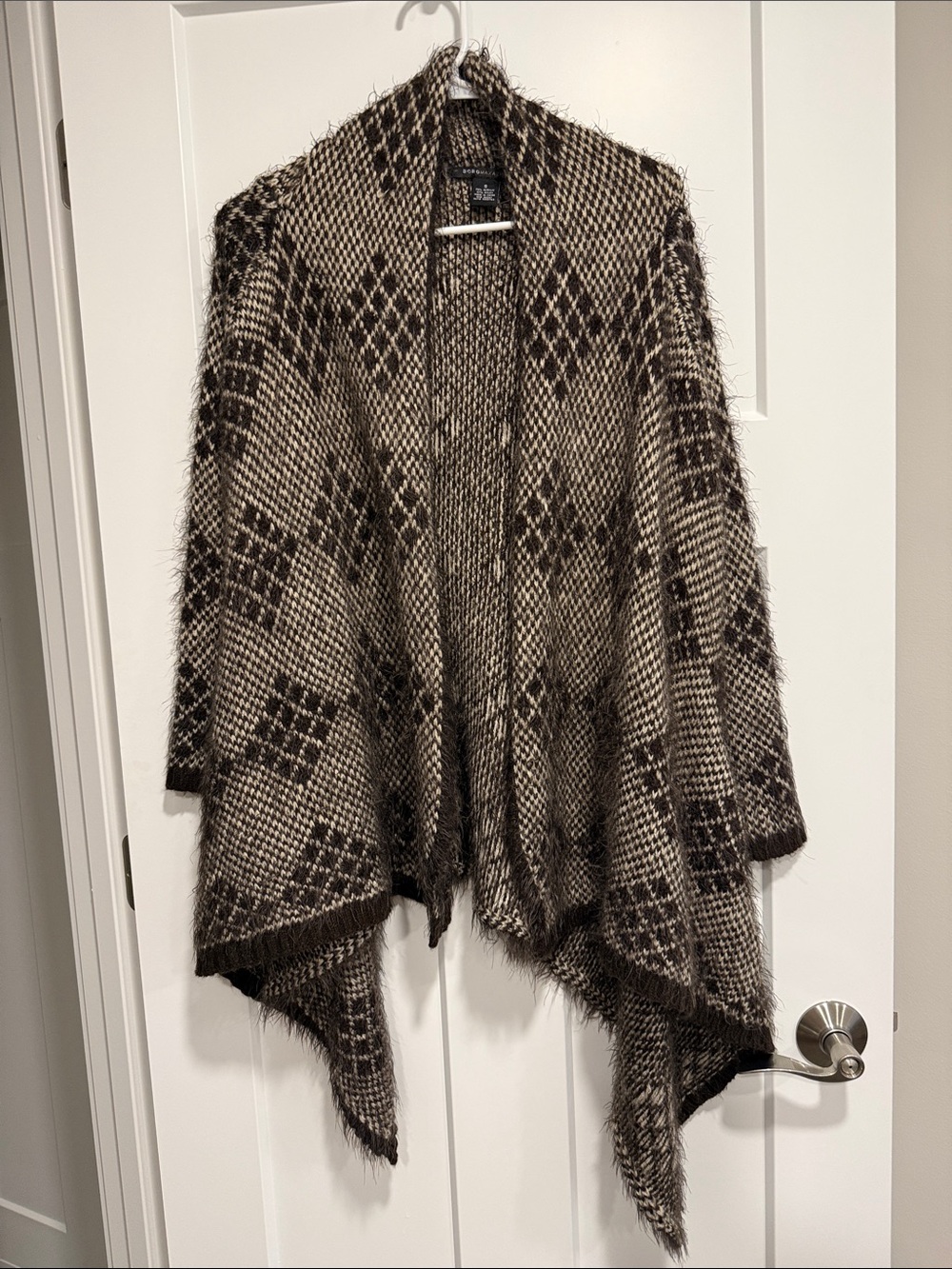 BCBGMAXAZRIA Black Cream Fringe Draped Open Front Sweater Cardigan Size Small